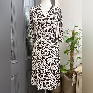 Bisou Bisou Cream and Brown Scroll Patterned Wrap Dress